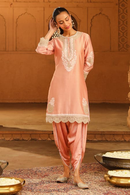 Sheetal Batra Peach Silk, Chanderi, Satin Ernika Kashmiri Tilla Kurta With Dhoti Pant Online at Aza Fashions Sheetal Batra_Peach Silk, Chanderi, Satin Ernika Kashmiri Tilla Kurta With Dhoti Pant _Online_at_Aza_Fashions