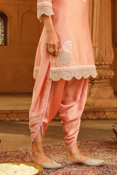 Buy Sheetal Batra Peach Silk, Chanderi, Satin Ernika Kashmiri Tilla Kurta With Dhoti Pant Online at Aza Fashions Buy_Sheetal Batra_Peach Silk, Chanderi, Satin Ernika Kashmiri Tilla Kurta With Dhoti Pant _Online_at_Aza_Fashions