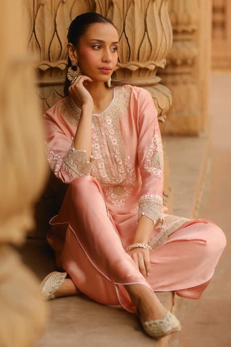 Shop Sheetal Batra Peach Silk, Chanderi, Satin Ernika Kashmiri Tilla Kurta With Dhoti Pant Online at Aza Fashions Shop_Sheetal Batra_Peach Silk, Chanderi, Satin Ernika Kashmiri Tilla Kurta With Dhoti Pant _Online_at_Aza_Fashions