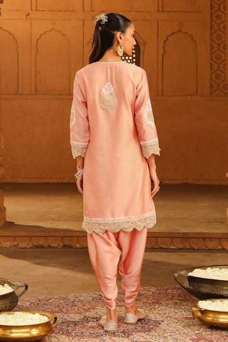 Shop Sheetal Batra Peach Silk, Chanderi, Satin Ernika Kashmiri Tilla Kurta With Dhoti Pant at Aza Fashions Shop_Sheetal Batra_Peach Silk, Chanderi, Satin Ernika Kashmiri Tilla Kurta With Dhoti Pant _at_Aza_Fashions
