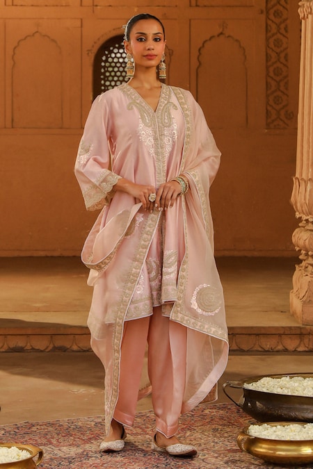 Sheetal Batra Pink Anarkali Silk Chanderi Embroidery Fajr Short Salwar Set 