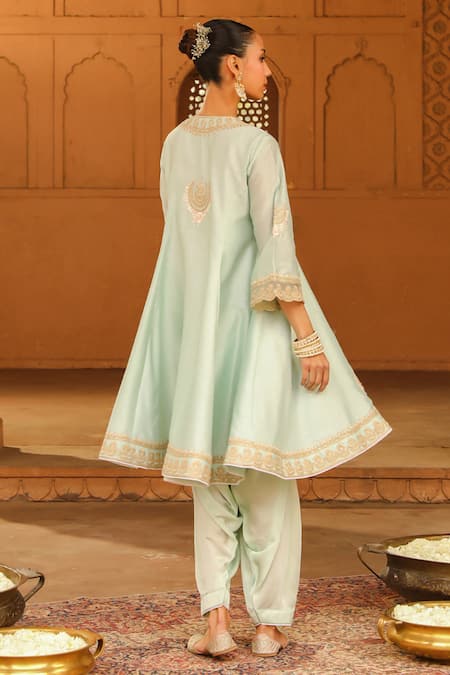 Sheetal Batra Green , Chanderi, Satin, Organza Fajr Short Anarkali Salwar Set Online at Aza Fashions Sheetal Batra_Green , Chanderi, Satin, Organza Fajr Short Anarkali Salwar Set _Online_at_Aza_Fashions