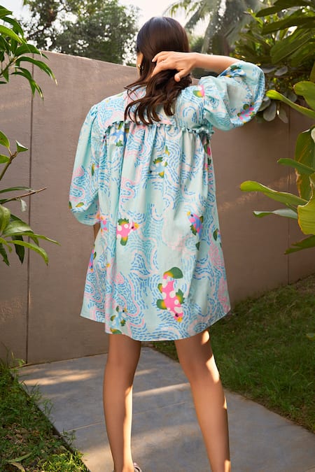 Shop ZiP by Payal & Zinal Sky Blue Cotton Round Neck Ariel Layered Dress at Aza Fashions Shop_ZiP by Payal & Zinal_Sky Blue Cotton Round Neck Ariel Layered Dress _at_Aza_Fashions