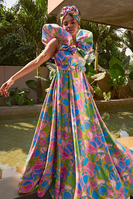 ZiP by Payal & Zinal_Multi Color Cotton V-neck Candy Balloon Sleeve Dress With Belt _Online_at_Aza_Fashions