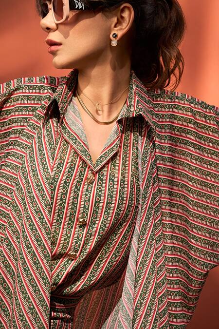 ZiP by Payal & Zinal_Red Georgette, Cotton Collared Evening In Paris Striped Kimono And Pant Co-ord Set _Online_at_Aza_Fashions