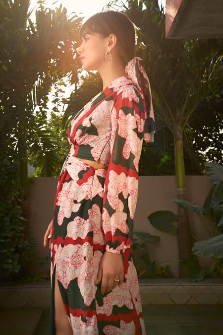 ZiP by Payal & Zinal Multi Color Georgette Plunge Neck Its Christmas Print Dress Online at Aza Fashions ZiP by Payal & Zinal_Multi Color Georgette Plunge Neck Its Christmas Print Dress _Online_at_Aza_Fashions