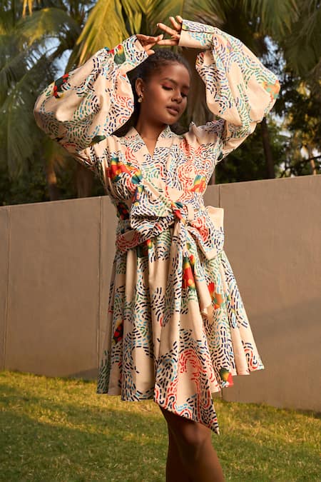 ZiP by Payal & Zinal White Cotton V-neck Koi Fish Print Dress Online at Aza Fashions ZiP by Payal & Zinal_White Cotton V-neck Koi Fish Print Dress _Online_at_Aza_Fashions