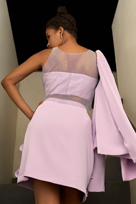 Shop_ZiP by Payal & Zinal_Purple Polyester, Net Applique Round Neck Haze Zipping Blazer Skirt Set _at_Aza_Fashions