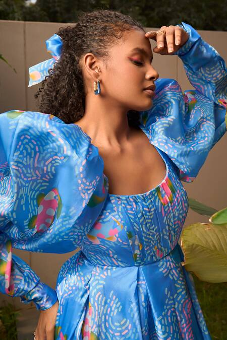 Buy ZiP by Payal & Zinal Blue Organza Square Neck Marine Elsa Print Dress Online at Aza Fashions Buy_ZiP by Payal & Zinal_Blue Organza Square Neck Marine Elsa Print Dress _Online_at_Aza_Fashions