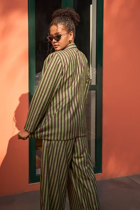 Shop ZiP by Payal & Zinal Green Cotton Collared Old Money Stripe Print Blazer Trouser Set at Aza Fashions Shop_ZiP by Payal & Zinal_Green Cotton Collared Old Money Stripe Print Blazer Trouser Set _at_Aza_Fashions