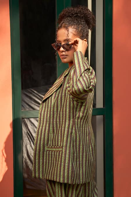 Buy ZiP by Payal & Zinal Green Cotton Collared Old Money Stripe Print Blazer Trouser Set Online at Aza Fashions Buy_ZiP by Payal & Zinal_Green Cotton Collared Old Money Stripe Print Blazer Trouser Set _Online_at_Aza_Fashions