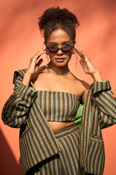 Shop ZiP by Payal & Zinal Green Cotton Collared Old Money Stripe Print Blazer Trouser Set Online at Aza Fashions Shop_ZiP by Payal & Zinal_Green Cotton Collared Old Money Stripe Print Blazer Trouser Set _Online_at_Aza_Fashions