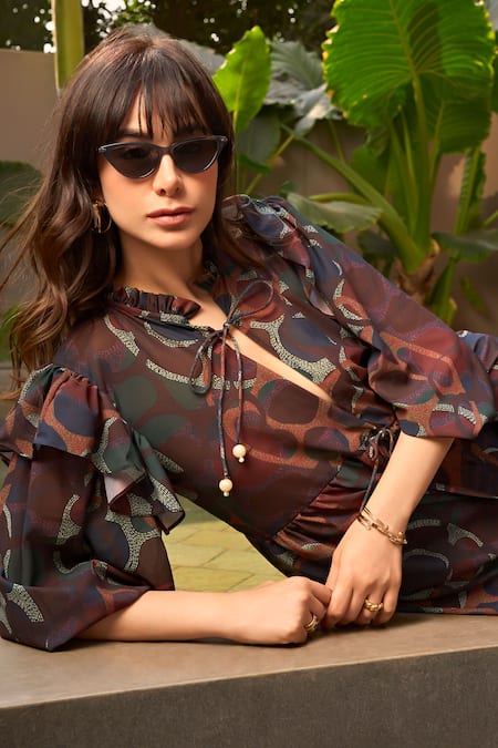 Buy ZiP by Payal & Zinal Blue Georgette Tassels Mandarin Collar Pool Party Printed Top And Pant Set Online at Aza Fashions Buy_ZiP by Payal & Zinal_Blue Georgette Tassels Mandarin Collar Pool Party Printed Top And Pant Set _Online_at_Aza_Fashions