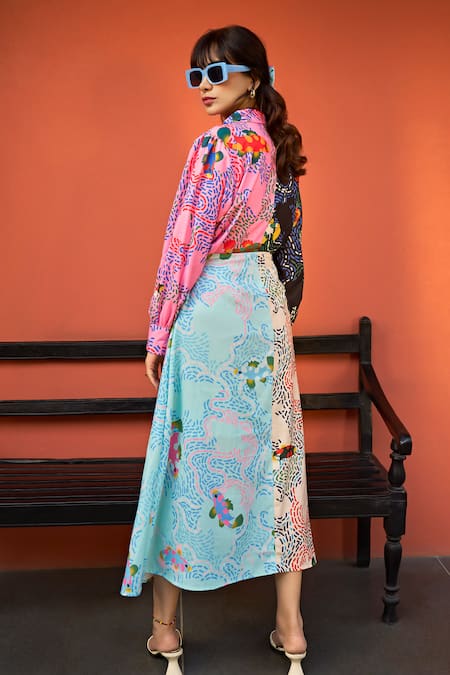 Shop ZiP by Payal & Zinal Multi Color Cotton Embroidery Collared Spring Fling Printed Shirt And Skirt Set at Aza Fashions Shop_ZiP by Payal & Zinal_Multi Color Cotton Embroidery Collared Spring Fling Printed Shirt And Skirt Set _at_Aza_Fashions