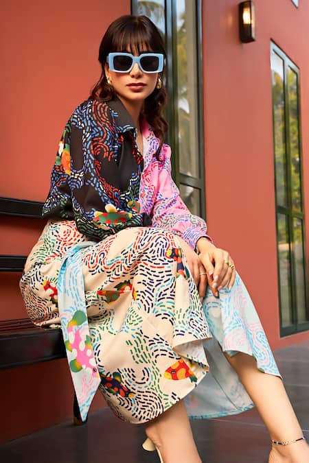 Buy ZiP by Payal & Zinal Multi Color Cotton Embroidery Collared Spring Fling Printed Shirt And Skirt Set Online at Aza Fashions Buy_ZiP by Payal & Zinal_Multi Color Cotton Embroidery Collared Spring Fling Printed Shirt And Skirt Set _Online_at_Aza_Fashions