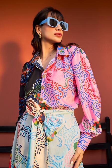 ZiP by Payal & Zinal Multi Color Cotton Embroidery Collared Spring Fling Printed Shirt And Skirt Set at Aza Fashions ZiP by Payal & Zinal_Multi Color Cotton Embroidery Collared Spring Fling Printed Shirt And Skirt Set _at_Aza_Fashions