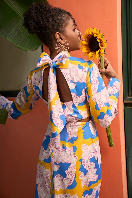 Buy_ZiP by Payal & Zinal_Blue Georgette Round Neck Summer Crush Geometric Print Dress _Online_at_Aza_Fashions