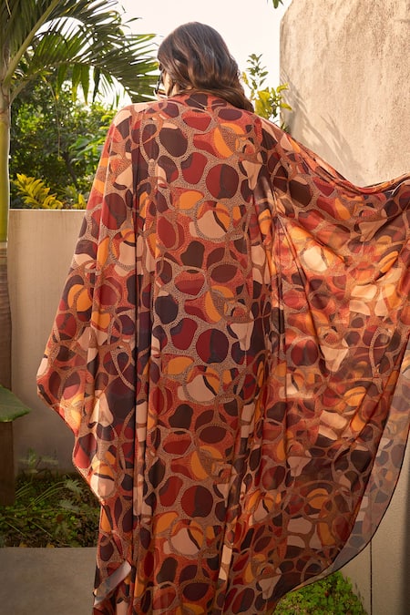 Shop_ZiP by Payal & Zinal_Brown Georgette Beads V-neck Sunset Serenade Printed Kaftan _at_Aza_Fashions