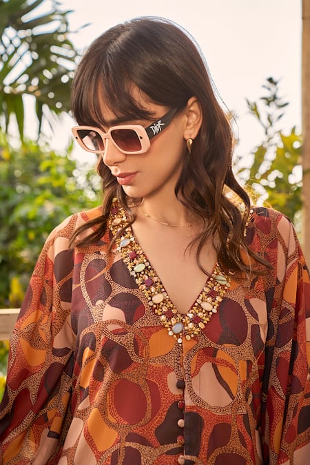 ZiP by Payal & Zinal_Brown Georgette Beads V-neck Sunset Serenade Printed Kaftan _Online_at_Aza_Fashions