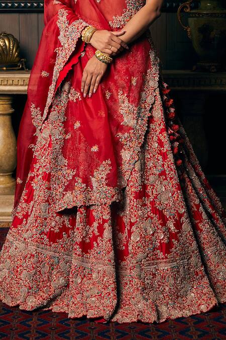 Prisho Red Silk, Organza Sequins, Pearls Rafflesia Bloom Embroidered Bridal Lehenga Set Online at Aza Fashions Prisho_Red Silk, Organza Sequins, Pearls Rafflesia Bloom Embroidered Bridal Lehenga Set _Online_at_Aza_Fashions