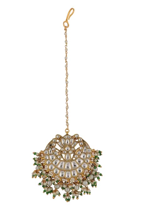 Shop_Riana Jewellery_Green Jadtar Stone Embellished Chaand Maangtikka _at_Aza_Fashions