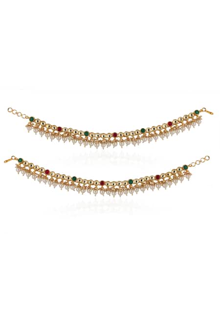 Shop Riana Jewellery Pink Pearls, Stones Drop Embellished Pair Of Payals at Aza Fashions Shop_Riana Jewellery_Pink Pearls, Stones Drop Embellished Pair Of Payals _at_Aza_Fashions