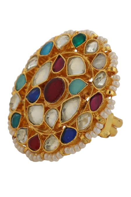 Riana Jewellery_Multi Color Pearls, Stones Floral Embellished Ring _Online_at_Aza_Fashions