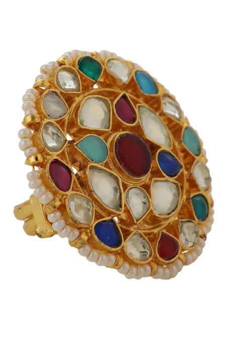 Buy_Riana Jewellery_Multi Color Pearls, Stones Floral Embellished Ring _Online_at_Aza_Fashions