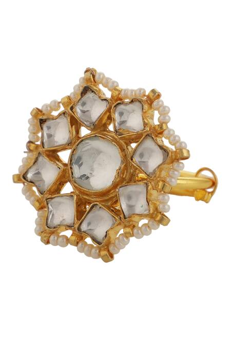 Riana Jewellery_White Pearls, Stones Embellished Flower Jadtar Ring _Online_at_Aza_Fashions