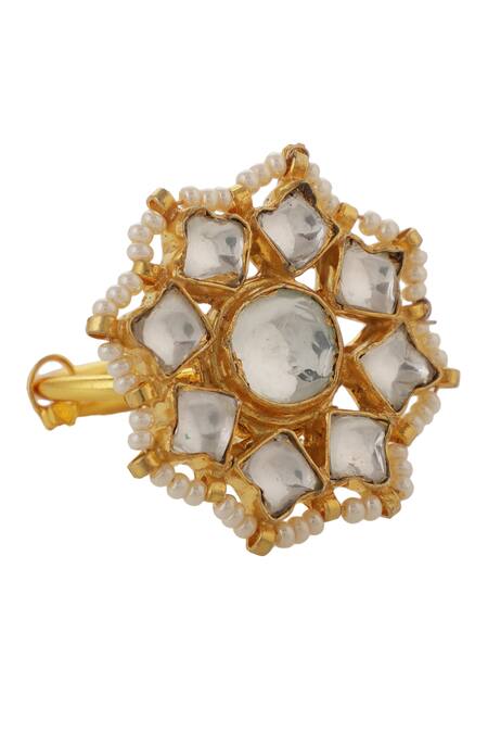 Buy_Riana Jewellery_White Pearls, Stones Embellished Flower Jadtar Ring _Online_at_Aza_Fashions