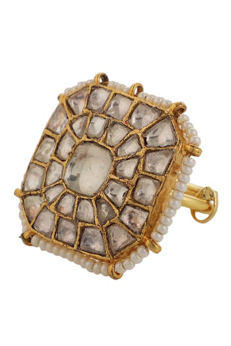 Riana Jewellery_White Pearls, Stones Jadtar Geometric Embellished Ring _Online_at_Aza_Fashions