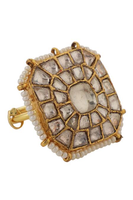 Buy_Riana Jewellery_White Pearls, Stones Jadtar Geometric Embellished Ring _Online_at_Aza_Fashions