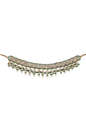 Riana Jewellery_Green Pearls, Glitter, Stones Jadtar Embellished Choker Set _Online_at_Aza_Fashions