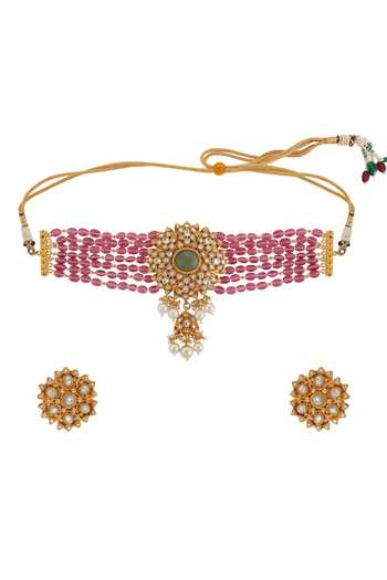 Shop Riana Jewellery Pink Glitter, Stones Jadau Embellished Wedding Choker Set at Aza Fashions Shop_Riana Jewellery_Pink Glitter, Stones Jadau Embellished Wedding Choker Set _at_Aza_Fashions