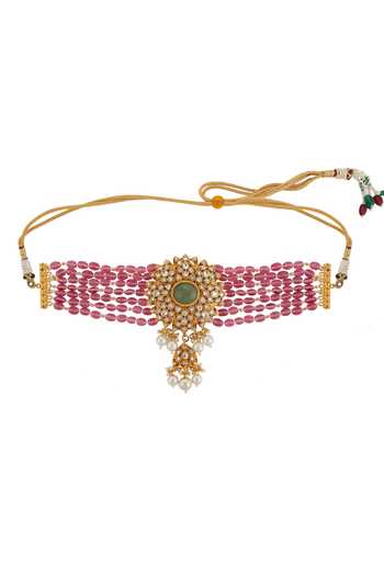 Shop Riana Jewellery Pink Glitter, Stones Jadau Embellished Wedding Choker Set Online at Aza Fashions Shop_Riana Jewellery_Pink Glitter, Stones Jadau Embellished Wedding Choker Set _Online_at_Aza_Fashions