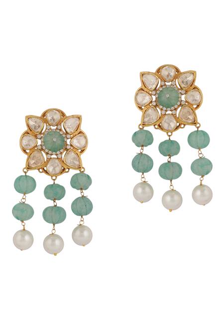 Shop_Riana Jewellery_Green Pearls, Stones Floral Cutwork Embellished Bridal Necklace Set _Online_at_Aza_Fashions