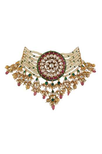 Riana Jewellery_Pink Pearls, Smocking, Stones Floral Jadtar Embellished Wedding Necklace Set _Online_at_Aza_Fashions