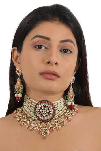 Shop_Riana Jewellery_Pink Pearls, Smocking, Stones Floral Jadtar Embellished Wedding Necklace Set _Online_at_Aza_Fashions
