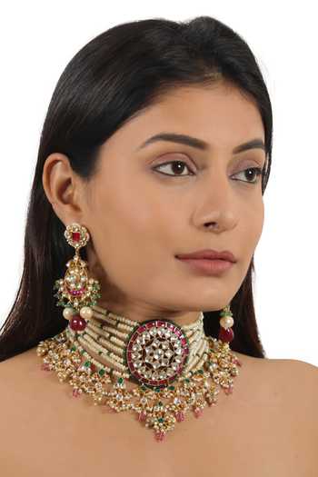 Riana Jewellery_Pink Pearls, Smocking, Stones Floral Jadtar Embellished Wedding Necklace Set _at_Aza_Fashions