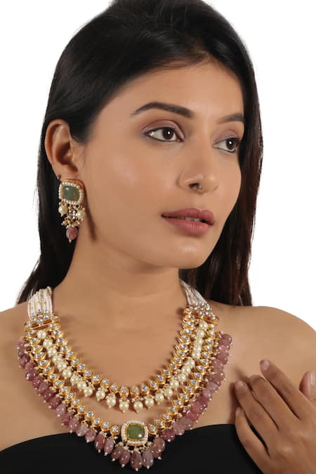 Riana Jewellery Pink Pearls, Glitter, Double Layered Jadtar Embellished Bridal Necklace Set