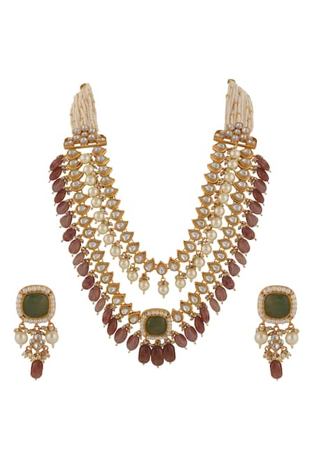Shop Riana Jewellery Pink Pearls, Glitter, Double Layered Jadtar Embellished Bridal Necklace Set at Aza Fashions Shop_Riana Jewellery_Pink Pearls, Glitter, Double Layered Jadtar Embellished Bridal Necklace Set _at_Aza_Fashions