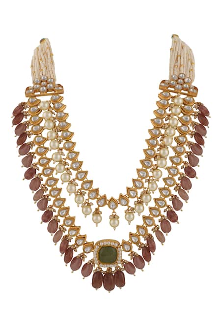 Riana Jewellery Pink Pearls, Glitter, Double Layered Jadtar Embellished Bridal Necklace Set Online at Aza Fashions Riana Jewellery_Pink Pearls, Glitter, Double Layered Jadtar Embellished Bridal Necklace Set _Online_at_Aza_Fashions