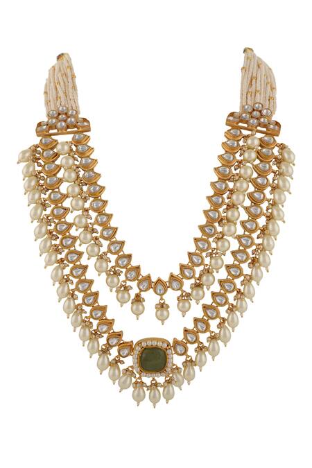 Buy_Riana Jewellery_Green Pearls Jadtar Stone Embellished Layered Bridal Necklace Set _Online_at_Aza_Fashions