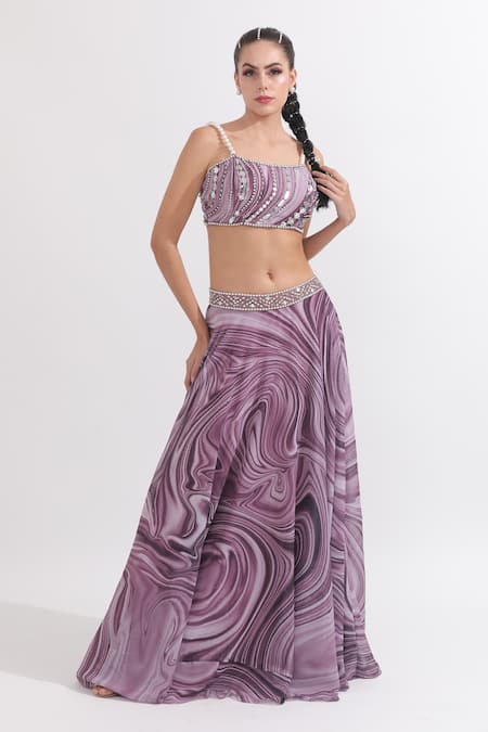 OMAL SINDWANI Purple Georgette Printed Marble Straight Neck Lehenga With Sleeveless Blouse 