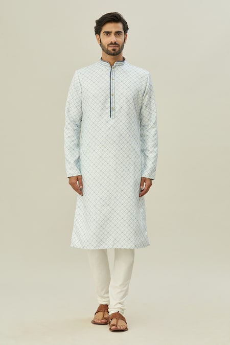 Arihant Rai Sinha Blue Cotton, Silk Checkered Print Kurta And Churidar Set Online at Aza Fashions Arihant Rai Sinha_Blue Cotton, Silk Checkered Print Kurta And Churidar Set _Online_at_Aza_Fashions