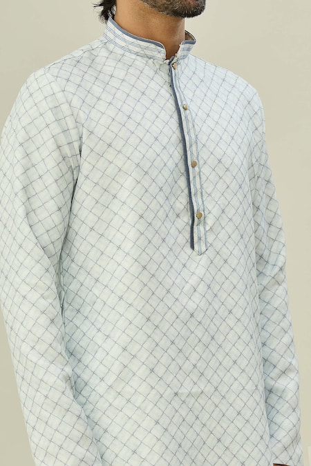Shop Arihant Rai Sinha Blue Cotton, Silk Checkered Print Kurta And Churidar Set Online at Aza Fashions Shop_Arihant Rai Sinha_Blue Cotton, Silk Checkered Print Kurta And Churidar Set _Online_at_Aza_Fashions