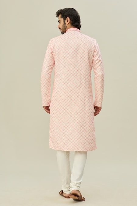 Shop Arihant Rai Sinha Pink Cotton, Chanderi Silk Checkered Pattern Kurta And Churidar Set at Aza Fashions Shop_Arihant Rai Sinha_Pink Cotton, Chanderi Silk Checkered Pattern Kurta And Churidar Set _at_Aza_Fashions