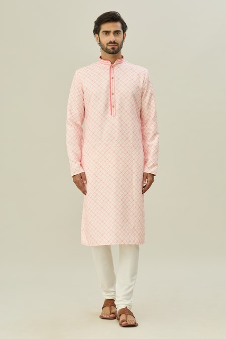 Arihant Rai Sinha Pink Cotton, Chanderi Silk Checkered Pattern Kurta And Churidar Set Online at Aza Fashions Arihant Rai Sinha_Pink Cotton, Chanderi Silk Checkered Pattern Kurta And Churidar Set _Online_at_Aza_Fashions
