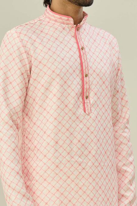 Shop Arihant Rai Sinha Pink Cotton, Chanderi Silk Checkered Pattern Kurta And Churidar Set Online at Aza Fashions Shop_Arihant Rai Sinha_Pink Cotton, Chanderi Silk Checkered Pattern Kurta And Churidar Set _Online_at_Aza_Fashions