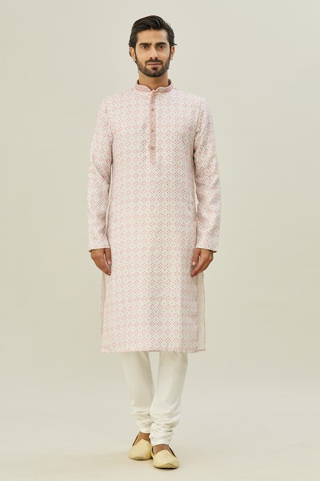 Shop Arihant Rai Sinha Pink Cotton Embroidery Geometric Print Kurta Online at Aza Fashions Shop_Arihant Rai Sinha_Pink Cotton Embroidery Geometric Print Kurta _Online_at_Aza_Fashions